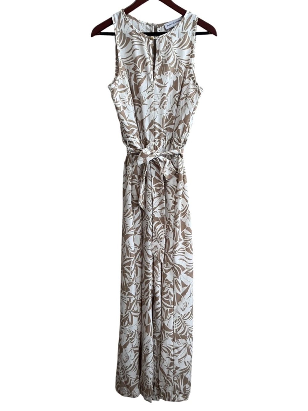 Emma & Michele Neutral Tropical Palm Print Sleeveless Wide Leg Jumpsuit Small